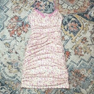Princess Polly US 4 Floral Mesh Trim V-Neck Spaghetti Strap Ruched Mini Dress